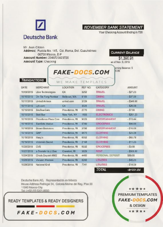 Mexico Deutsche bank statement template in Word and PDF format, good for address prove Mexico Deutsche bank statement template in Word and PDF format, good for address prove