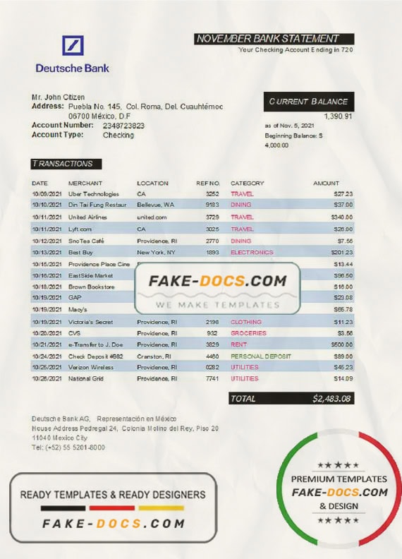 Mexico Deutsche bank statement easy to fill template in Excel and PDF format Mexico Deutsche bank statement easy to fill template in Excel and PDF format