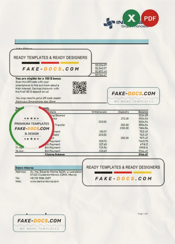 Mexico Inbursa bank statement Excel and PDF template, version 2 Mexico Inbursa bank statement Excel and PDF template, version 2