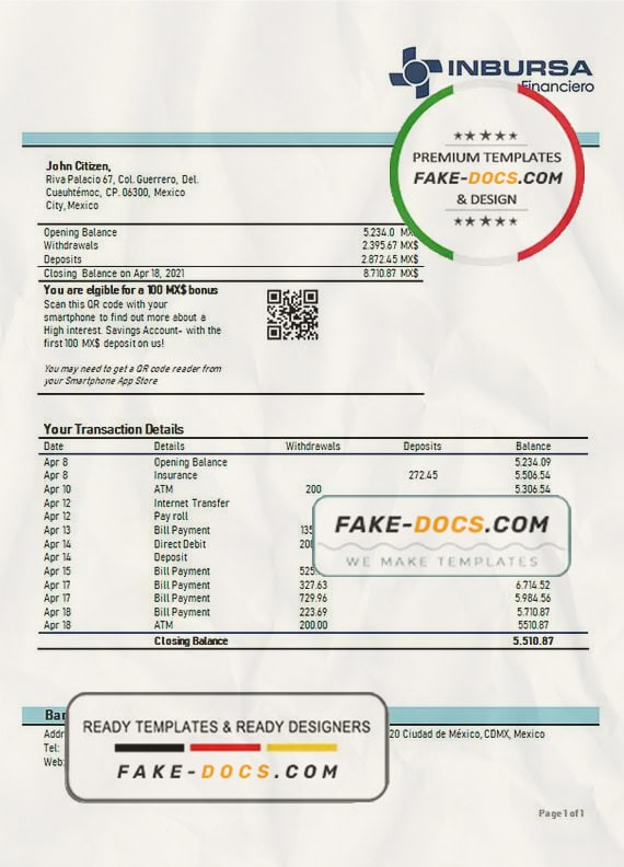 Mexico Inbursa bank statement template in Word and PDF format Mexico Inbursa bank statement template in Word and PDF format