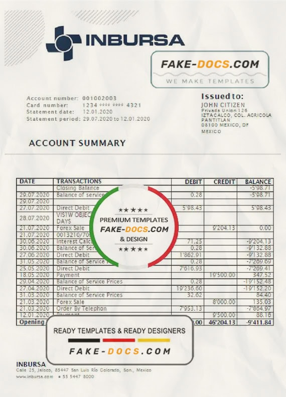 Mexico Inbursa Bank statement template in Word and PDF format, good for address prove Mexico Inbursa Bank statement template in Word and PDF format, good for address prove