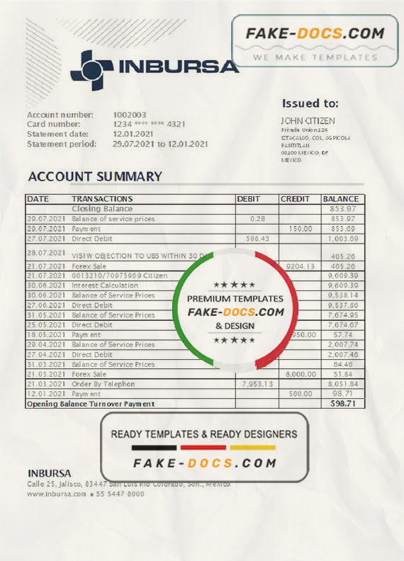 Mexico Inbursa Bank statement easy to fill template in Excel and PDF format Mexico Inbursa Bank statement easy to fill template in Excel and PDF format