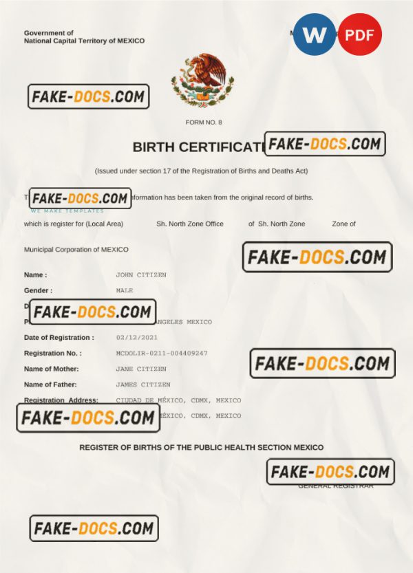 Mexico birth certificate Word and PDF template, completely editable scan