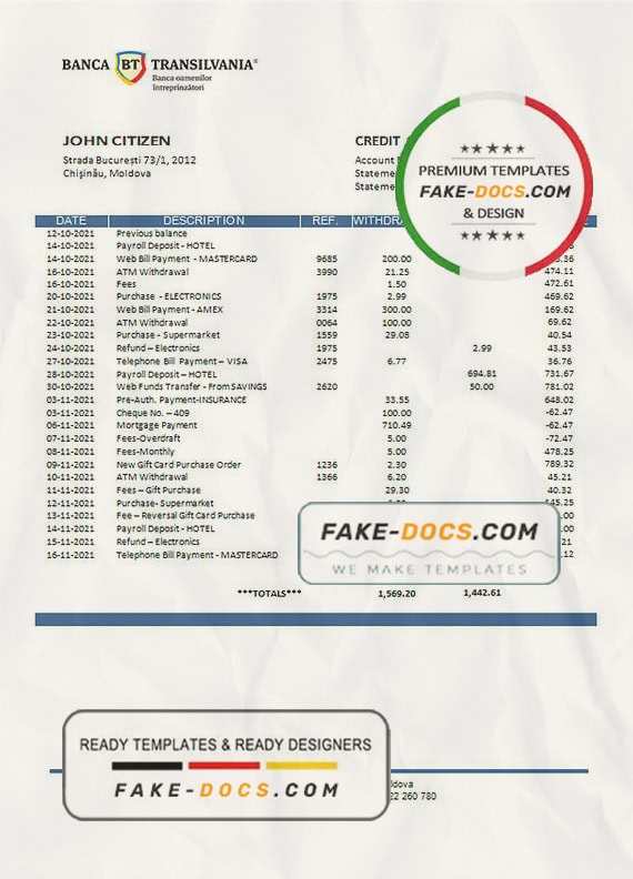 Moldova Banca Transilvania bank statement template in Word and PDF format Moldova Banca Transilvania bank statement template in Word and PDF format