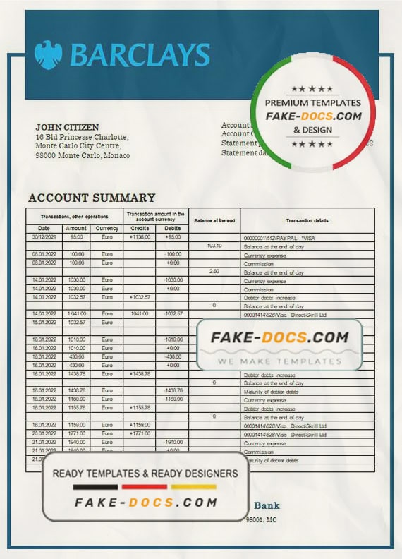 Monaco Barclays Private Bank statement easy to fill template in Word and PDF format Monaco Barclays Private Bank statement easy to fill template in Word and PDF format