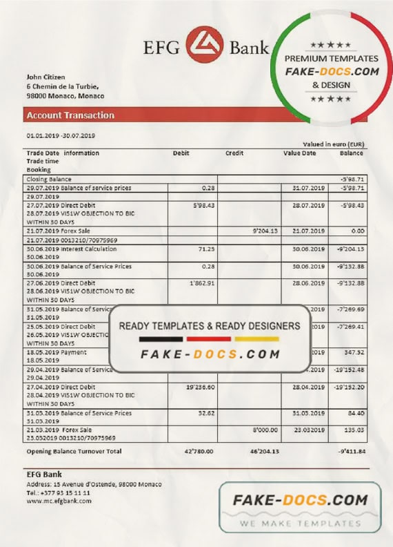Monaco EFG Bank statement easy to fill template in Word and PDF format Monaco EFG Bank statement easy to fill template in Word and PDF format