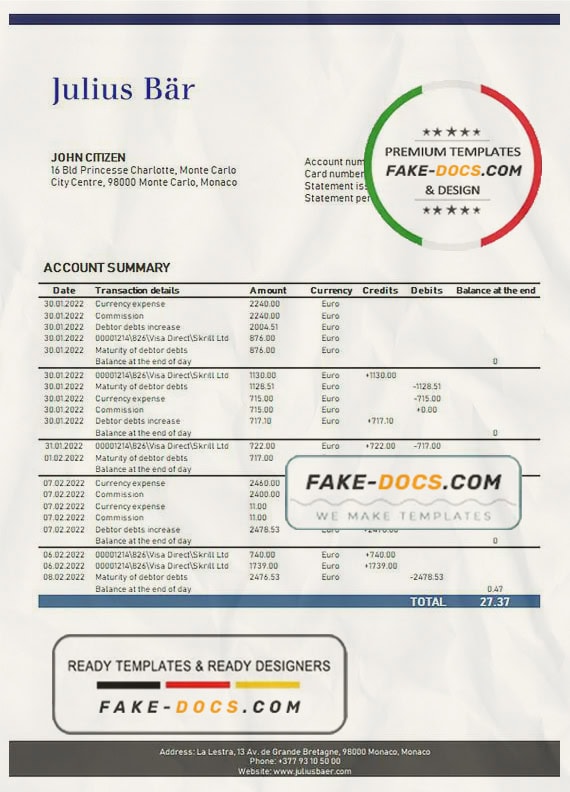 Monaco Julius Bar bank statement easy to fill template in Word and PDF format Monaco Julius Bar bank statement easy to fill template in Word and PDF format