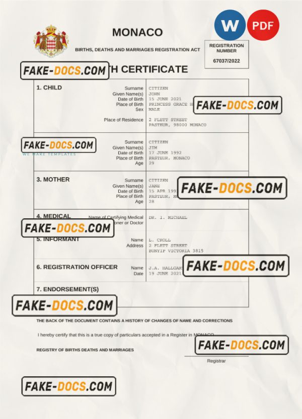 Monaco vital record birth certificate Word and PDF template, completely editable scan