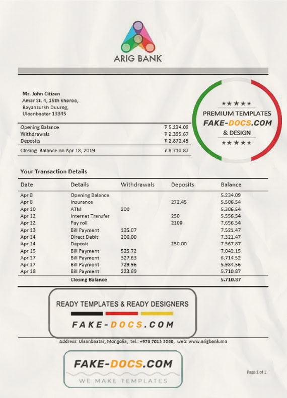 Mongolia Arig Bank proof of address statement template in Word and PDF format Mongolia Arig Bank proof of address statement template in Word and PDF format