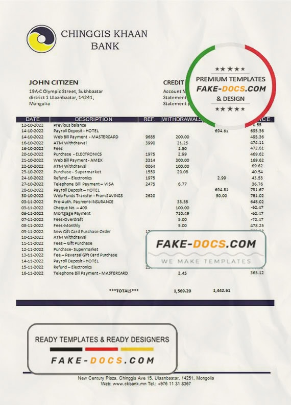 Mongolia Chinggis Khaan bank statement template in Word and PDF format Mongolia Chinggis Khaan bank statement template in Word and PDF format