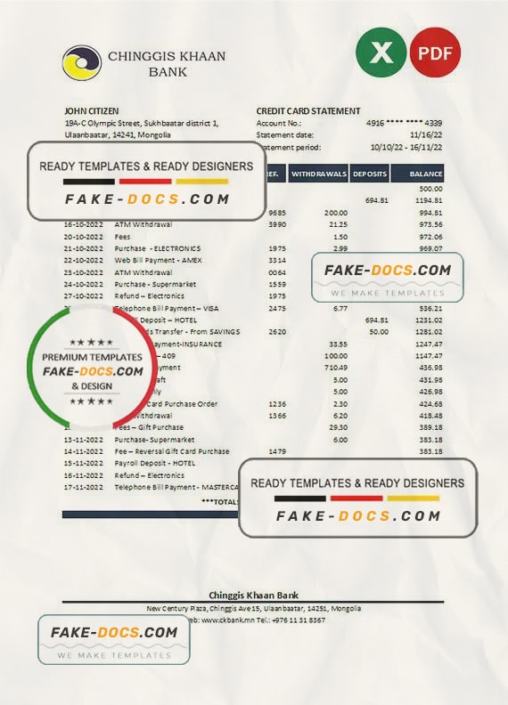 Mongolia Chinggis Khaan bank Excel and PDF template Mongolia Chinggis Khaan bank Excel and PDF template