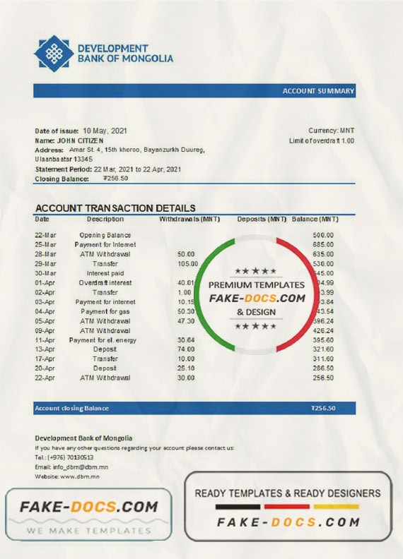 Mongolia Development Bank of Mongolia bank statement template in Word and PDF format Mongolia Development Bank of Mongolia bank statement template in Word and PDF format