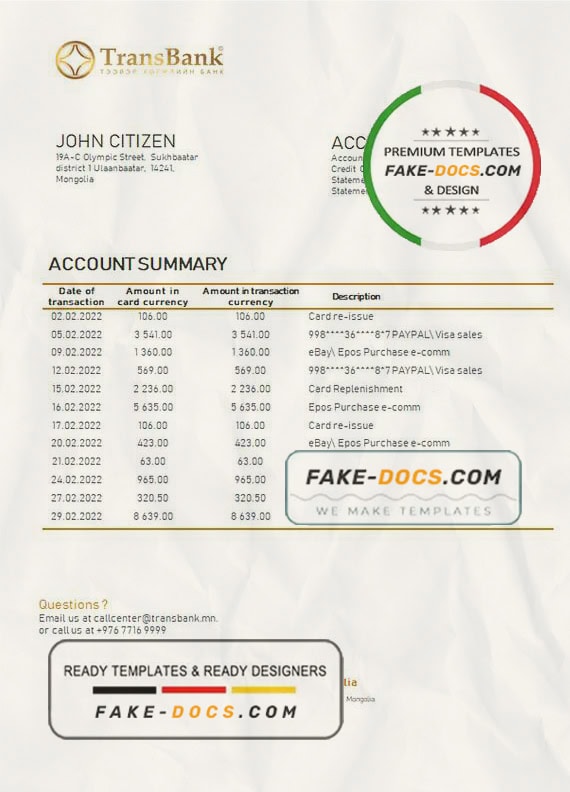 Mongolia Transbank bank statement template in Word and PDF format Mongolia Transbank bank statement template in Word and PDF format