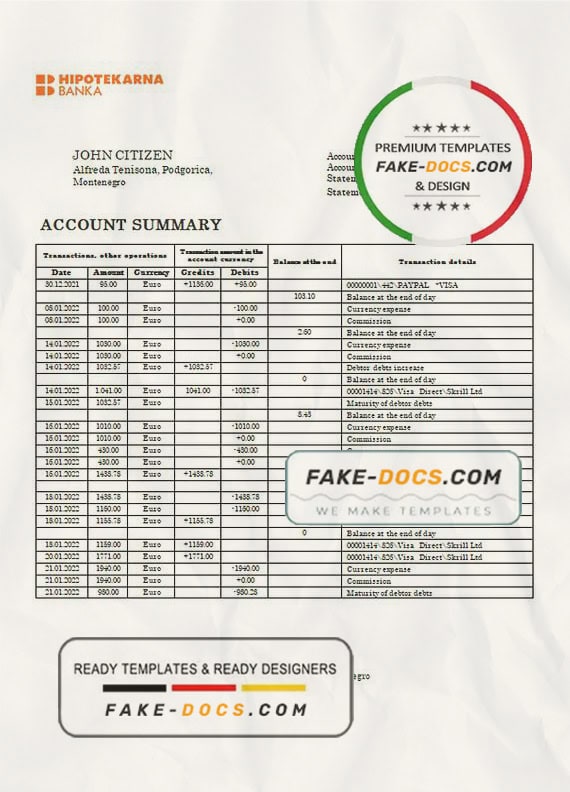 Montenegro Hipotekarna Bank statement template, Word and PDF format (.doc and .pdf) Montenegro Hipotekarna Bank statement template, Word and PDF format (.doc and .pdf)
