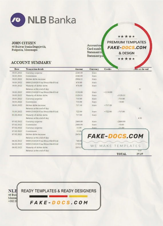 Montenegro NLB Bank statement template, Word and PDF format (.doc and .pdf) Montenegro NLB Bank statement template, Word and PDF format (.doc and .pdf)