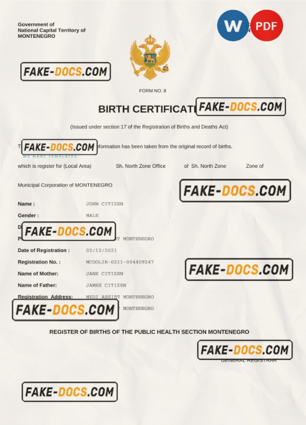 Montenegro birth certificate Word and PDF template, completely editable scan
