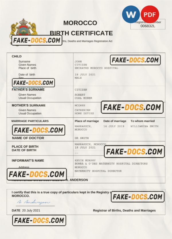 Morocco vital record birth certificate Word and PDF template, completely editable scan