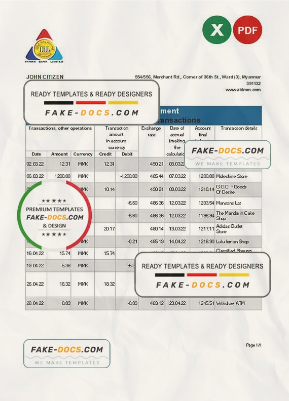 Myanmar Innwa Bank Limited bank statement Excel and PDF template Myanmar Innwa Bank Limited bank statement Excel and PDF template