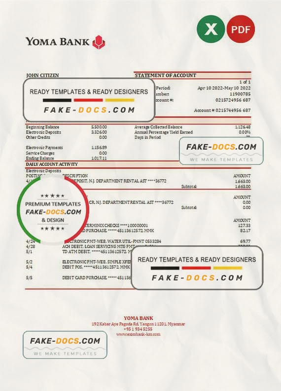 Myanmar Yoma bank statement Excel and PDF template Myanmar Yoma bank statement Excel and PDF template