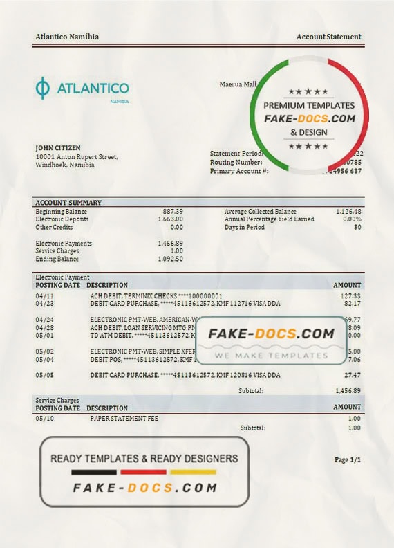 Namibia Atlantico bank statement template in Word and PDF format Namibia Atlantico bank statement template in Word and PDF format