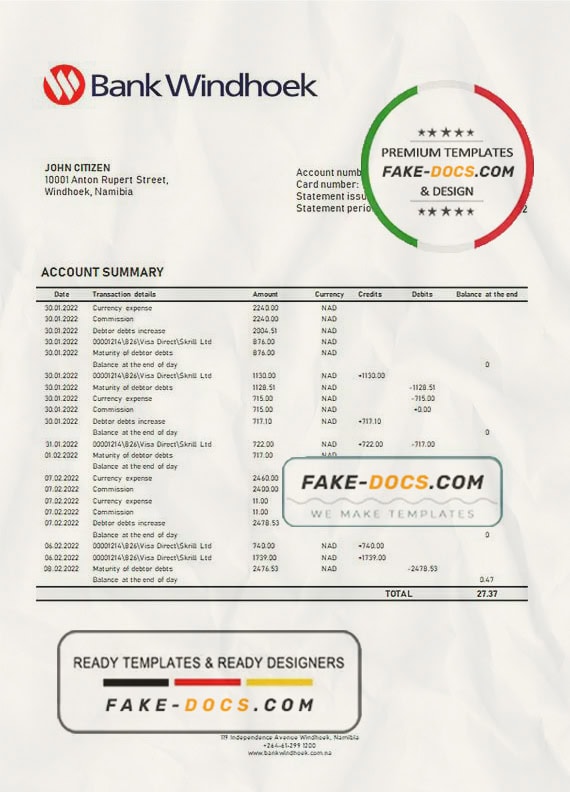 Namibia Bank Windhoek bank statement template in Word and PDF format Namibia Bank Windhoek bank statement template in Word and PDF format