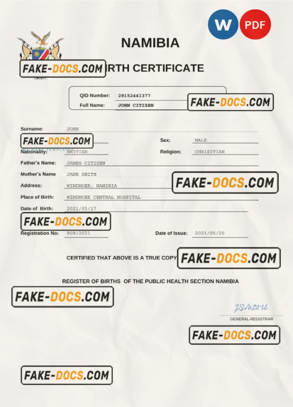 Namibia birth certificate Word and PDF template, completely editable Scan