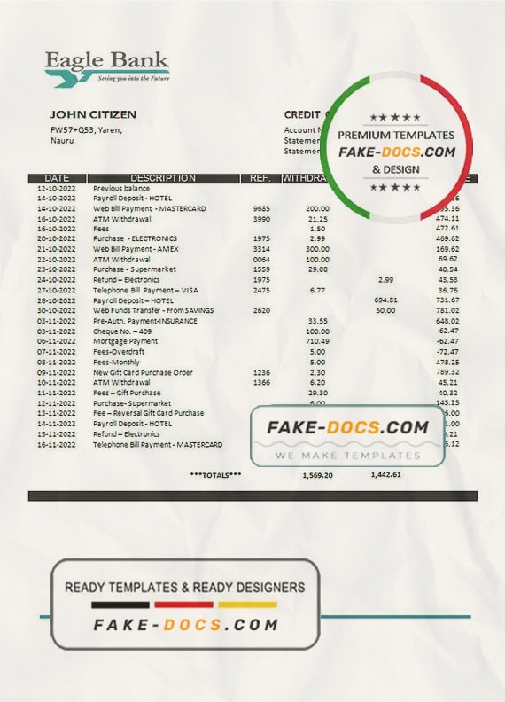 Nauru Eagle bank statement template in Word and PDF format Nauru Eagle bank statement template in Word and PDF format