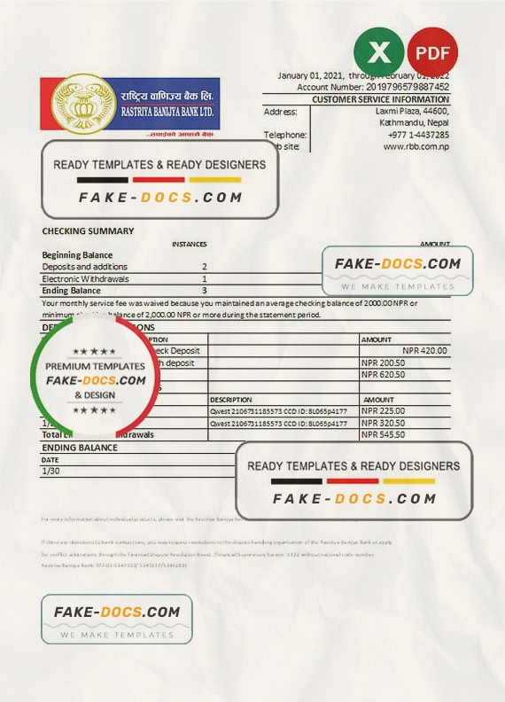 Nepal Rastriya Banijya bank statement Excel and PDF template Nepal Rastriya Banijya bank statement Excel and PDF template