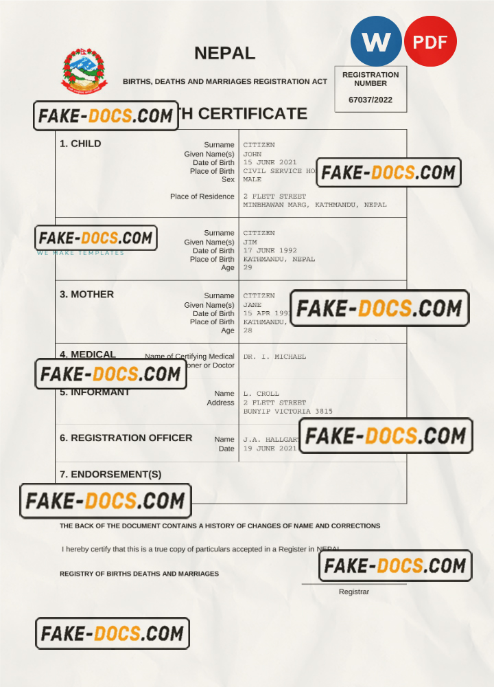 Nepal Birth Certificate Word And Pdf Template Completely Editable Fake Docs