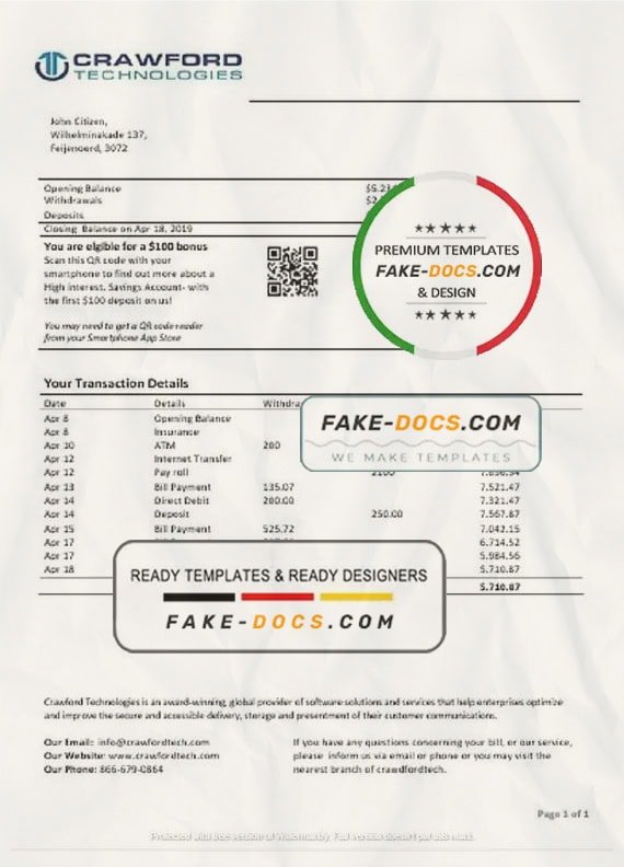Netherlands (Holland) Crawford Technologies bank statement template in Word and PDF format Netherlands (Holland) Crawford Technologies bank statement template in Word and PDF format