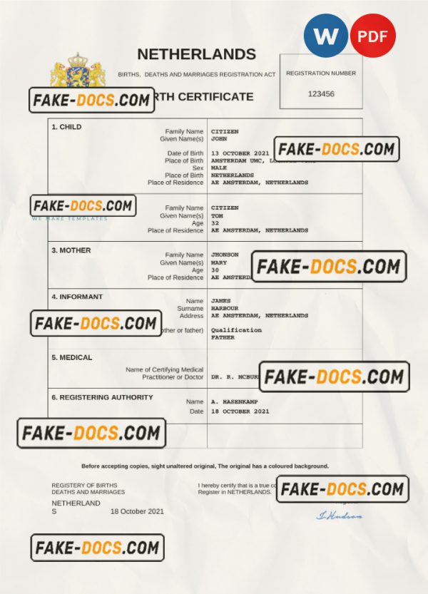 Netherlands vital record birth certificate Word and PDF template, completely editable scan