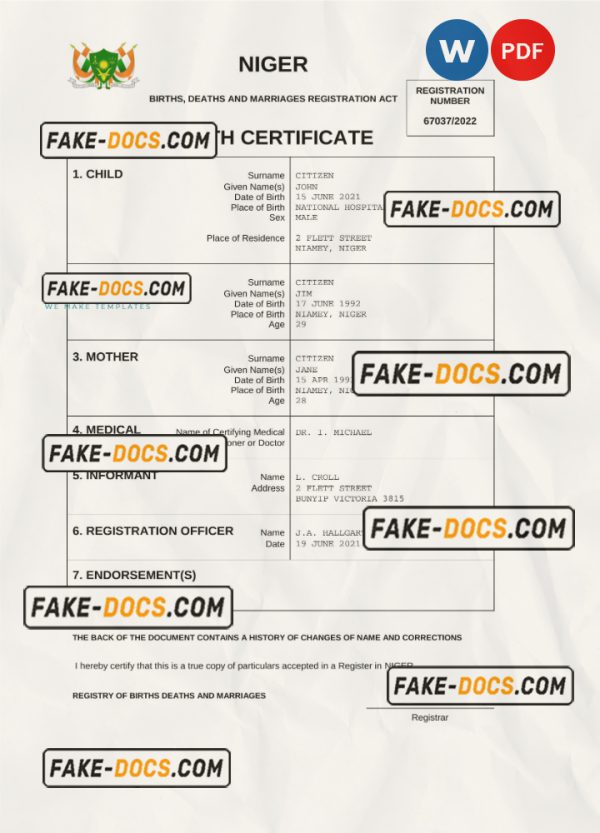 Niger birth certificate Word and PDF template, completely editable scan