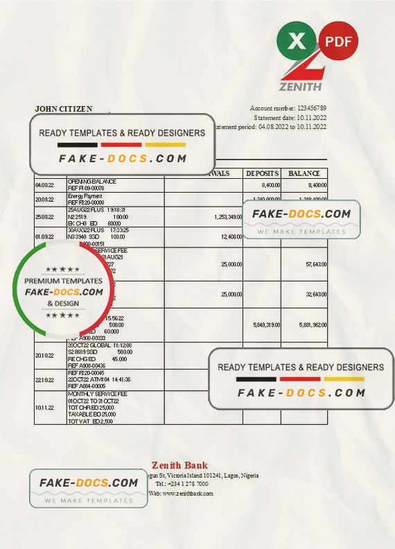 Nigeria Zenith Bank statement Excel and PDF template scan