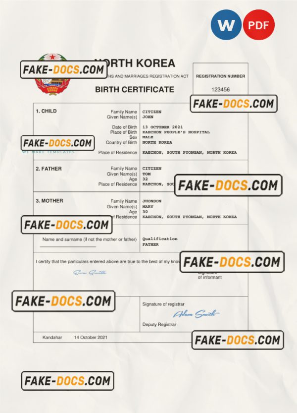 North Korea birth certificate Word and PDF template, completely editable scan