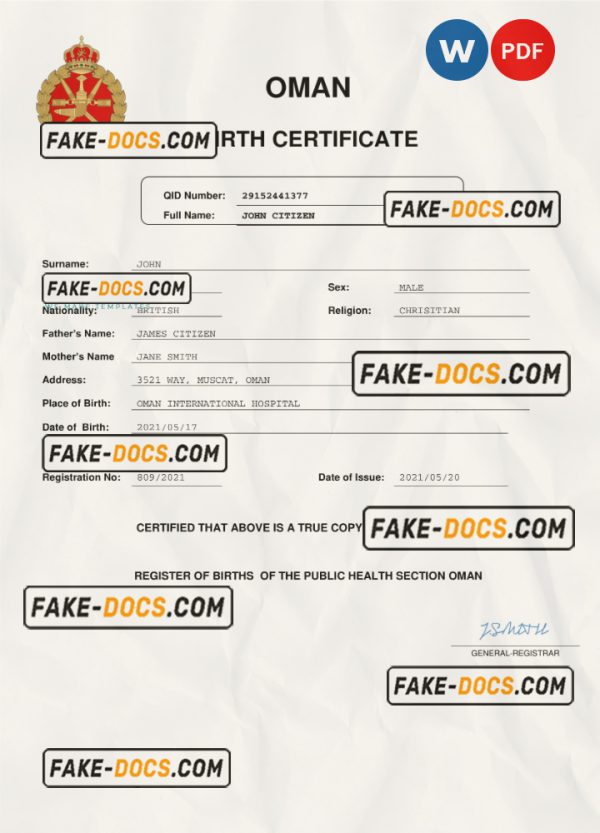 Oman birth certificate Word and PDF template, completely editable scan