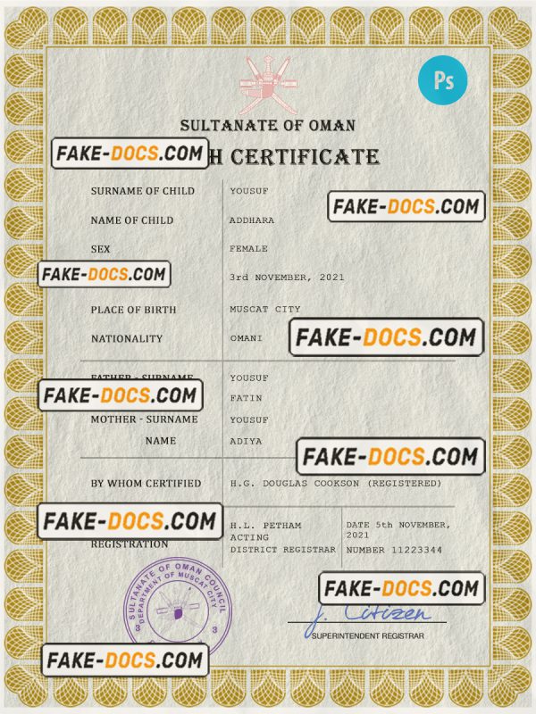 Oman vital record birth certificate PSD template scan