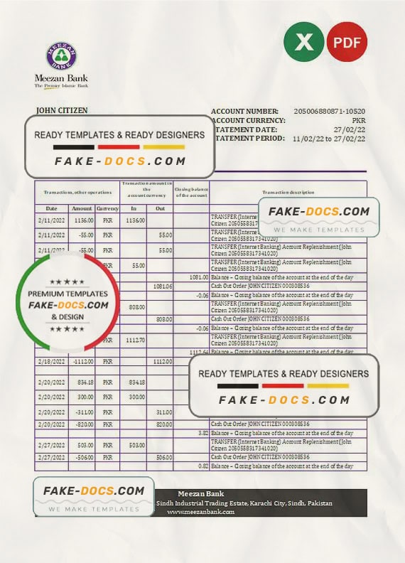 Pakistan Meezan bank statement Excel and PDF template Pakistan Meezan bank statement Excel and PDF template