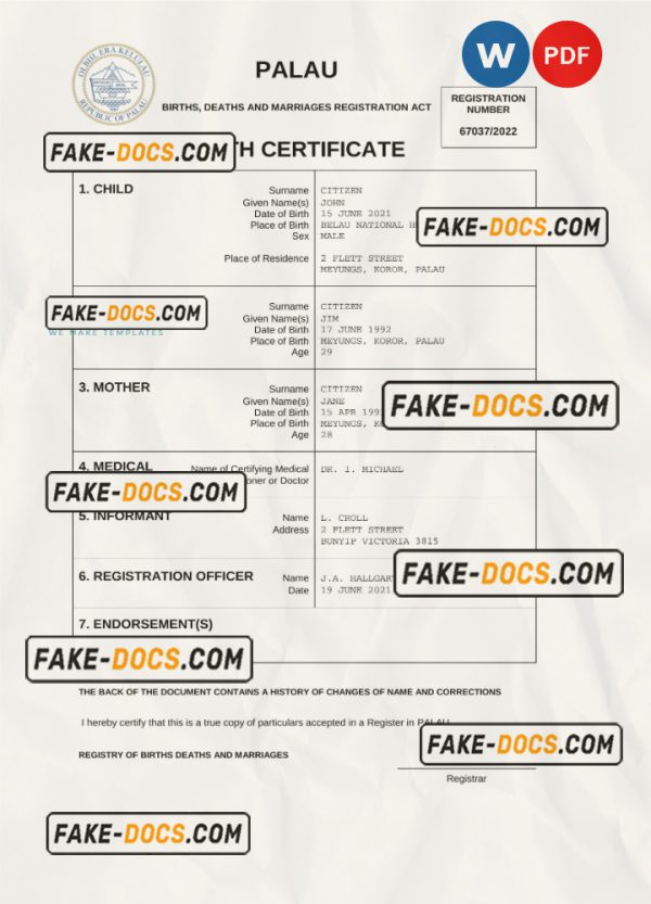 Palau birth certificate Word and PDF template, completely editable scan