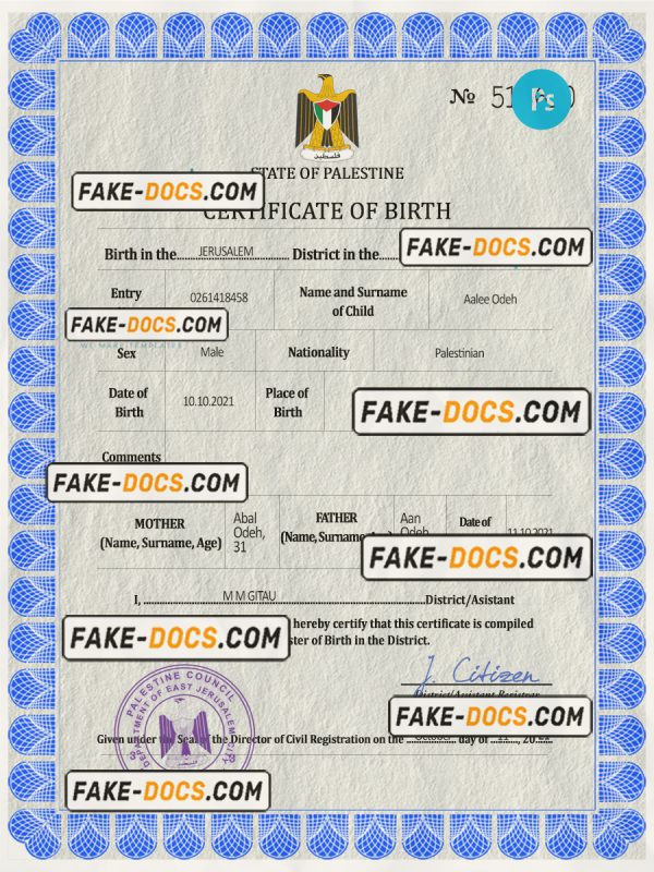 Palestine vital record birth certificate PSD template scan