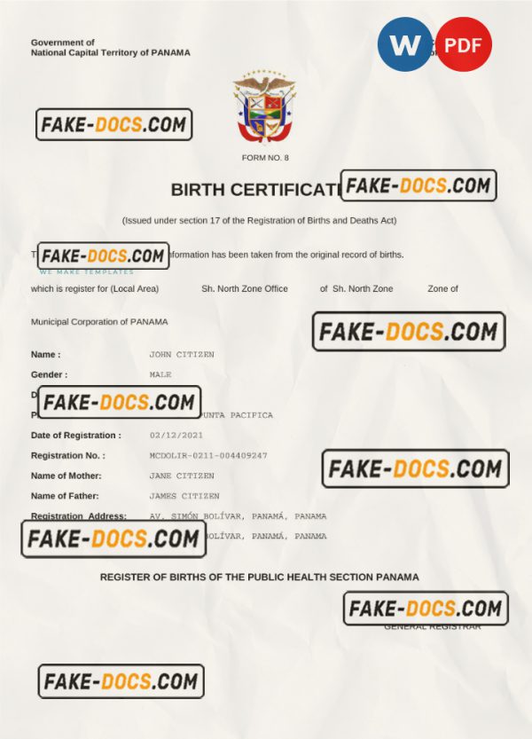 Panama birth certificate Word and PDF template, completely editable scan