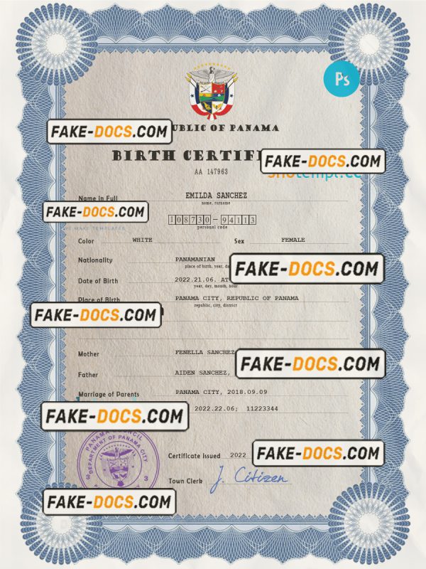 Panama vital record birth certificate PSD template, fully editable scan