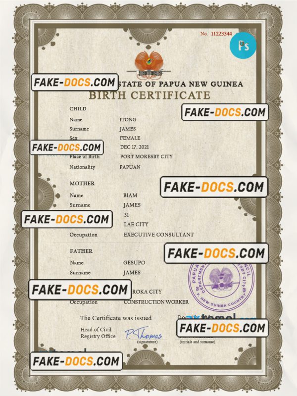 Papua New Guinea birth certificate PSD template, completely editable scan