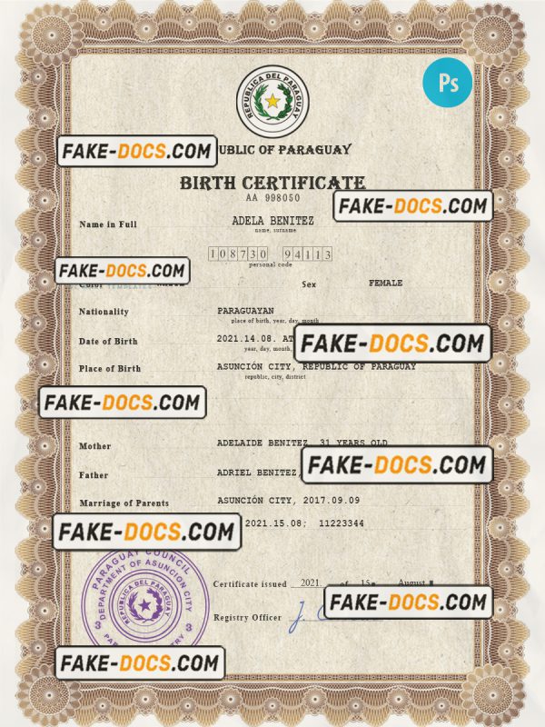 Paraguay vital record birth certificate PSD template scan