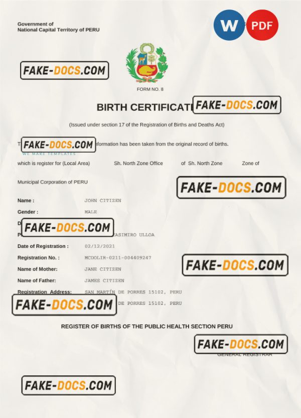 Peru birth certificate Word and PDF template, completely editable SCAN