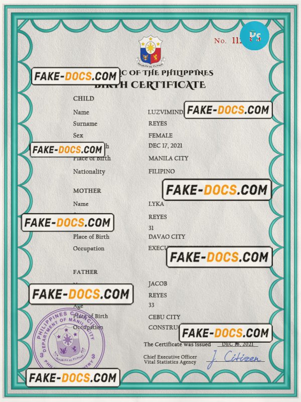 Philippines birth certificate PSD template, completely editable scan