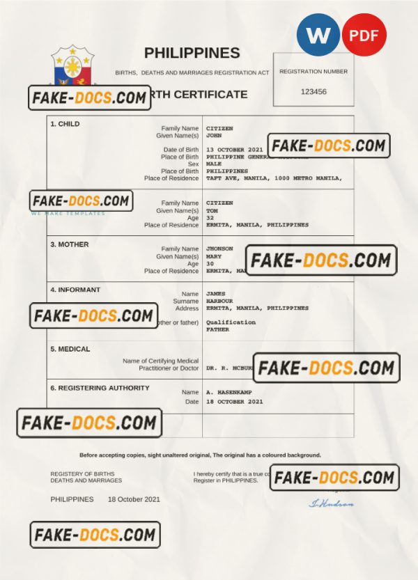 Philippines vital record birth certificate Word and PDF template, completely editable scan