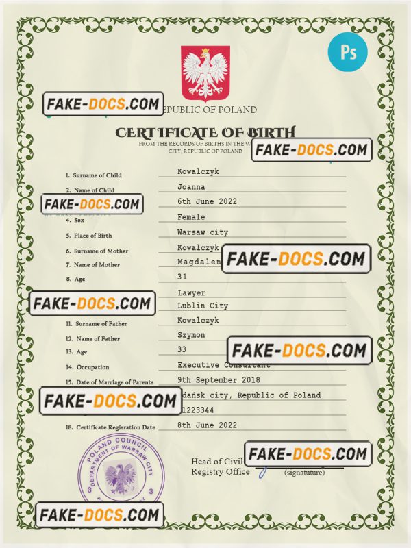 Poland vital record birth certificate PSD template scan