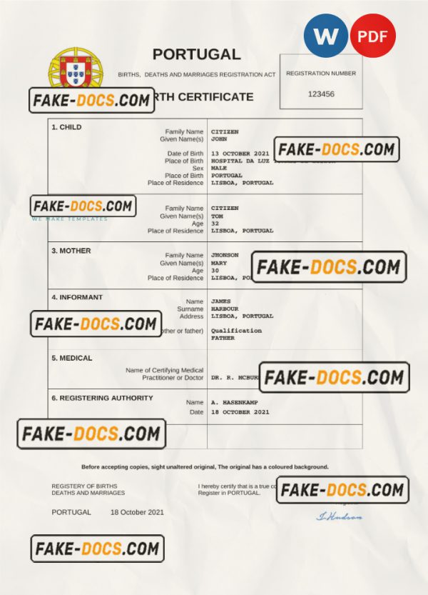 Portugal birth certificate Word and PDF template, completely editable scan
