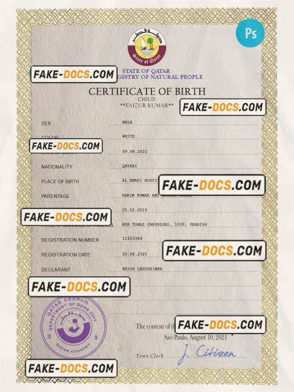 Qatar birth certificate PSD template, completely editable scan