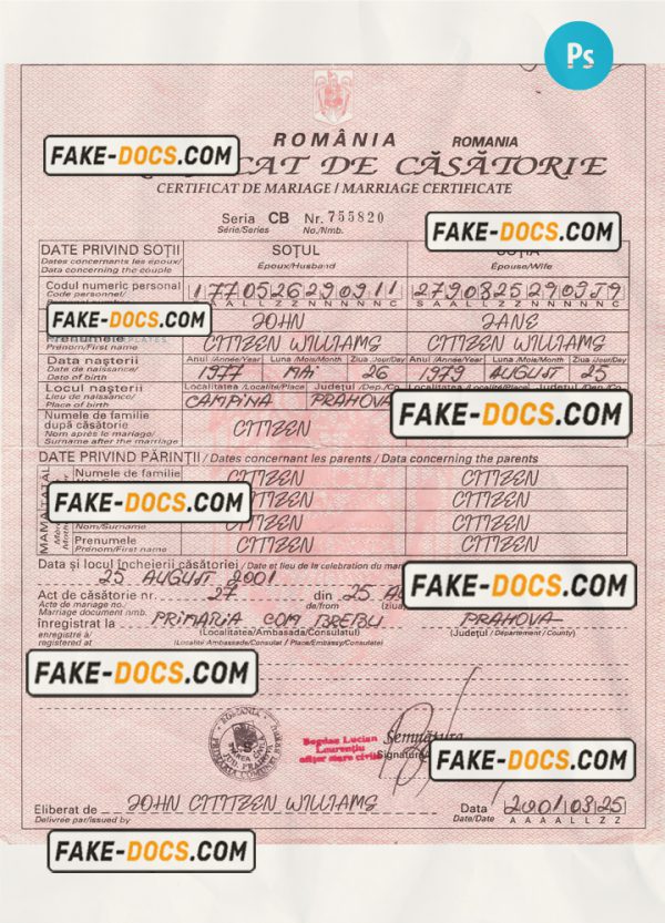 ROMANIA vital record marriage certificate PSD template scan